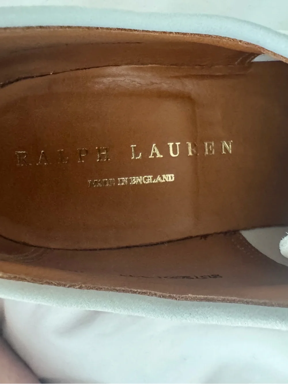 Ralph Lauren Men’s White suede shoes made in England,hand numbered.Dust bag incl